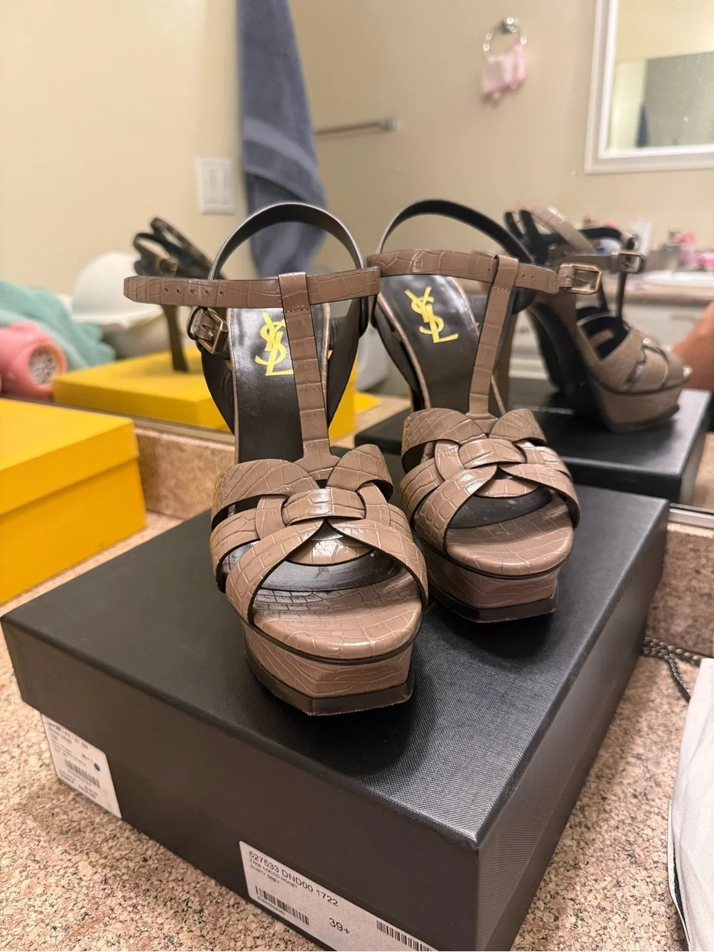 Yves Saint Laurent Taupe Croc-Embossed T-Strap Platform Heels